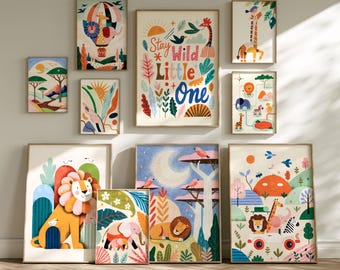 Paquete de láminas decorativas para habitación infantil con temática de safari, juego de 10 láminas de animales de la selva, decoración unisex para habitación de bebé, galería de fotos imprimible.