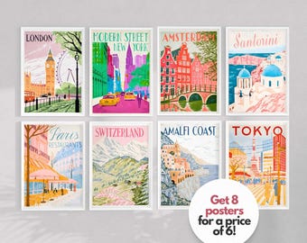 レトロ旅行ポスター 8枚セット ヴィンテージシティプリント サントリーニ アマルフィ パリ ニューヨーク 東京 ロンドン ウォールアート 美的ルームデコレーション デジタルダウンロード