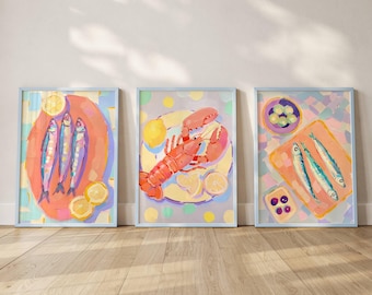 Mediterranean Kitchen Wall Art Set of 3, Coastal Seafood Prints, Sardine Lobster Lemon Watercolor Decor