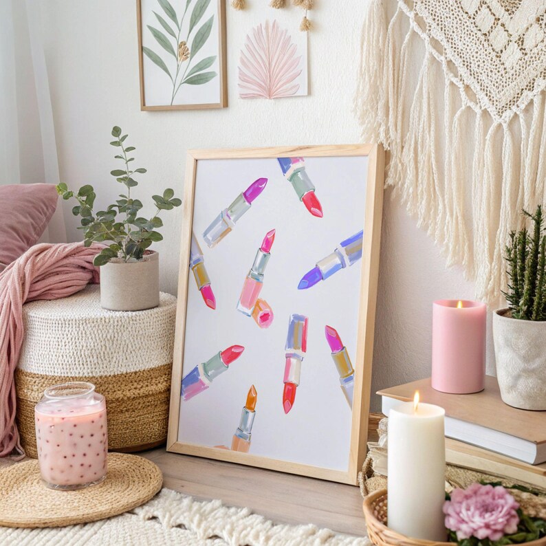 Digital download of pink lipstick wall art print in watercolor style, perfect for girly room decor, coquette aesthetic, preppy dorm style, and college apartment decorations. Features a collection of elegant lipsticks in various shades, ideal makeup poster for beauty lovers. Feminine and chic fashion wall art for teen bedroom, vanity area, glam room, or salon. Printable makeup decor to instantly elevate your space with soft, stylish beauty illustrations.