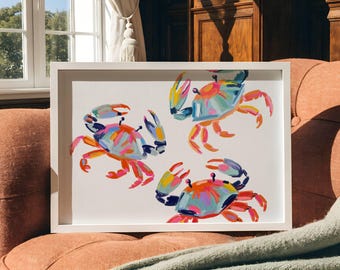 Colorful Crab Coastal Wall Art Print Coastal Beachy Wall Art Meet Me At The Beach Print Oyster Shell Painting Colorful Pastel Abstract Art