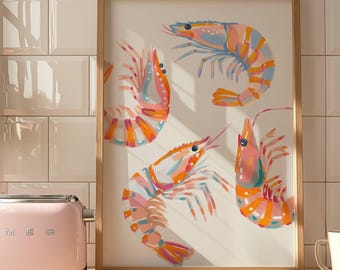 Lámina decorativa de gambas para pared, decoración de cocina costera, acuarela de mariscos, póster para casa de playa mediterránea, descarga digital junto al mar.