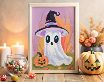 Lindo fantasma de Halloween, arte de pared para guardería, arte de pared de Halloween, pintura de fantasma de truco o trato, impresión de fantasma de Halloween, póster de Halloween para niños