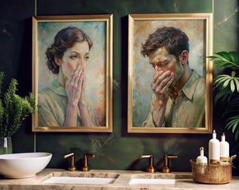 May include: Two framed paintings of people covering their mouths with their hands. The paintings are in gold frames and are hanging on a green wall.