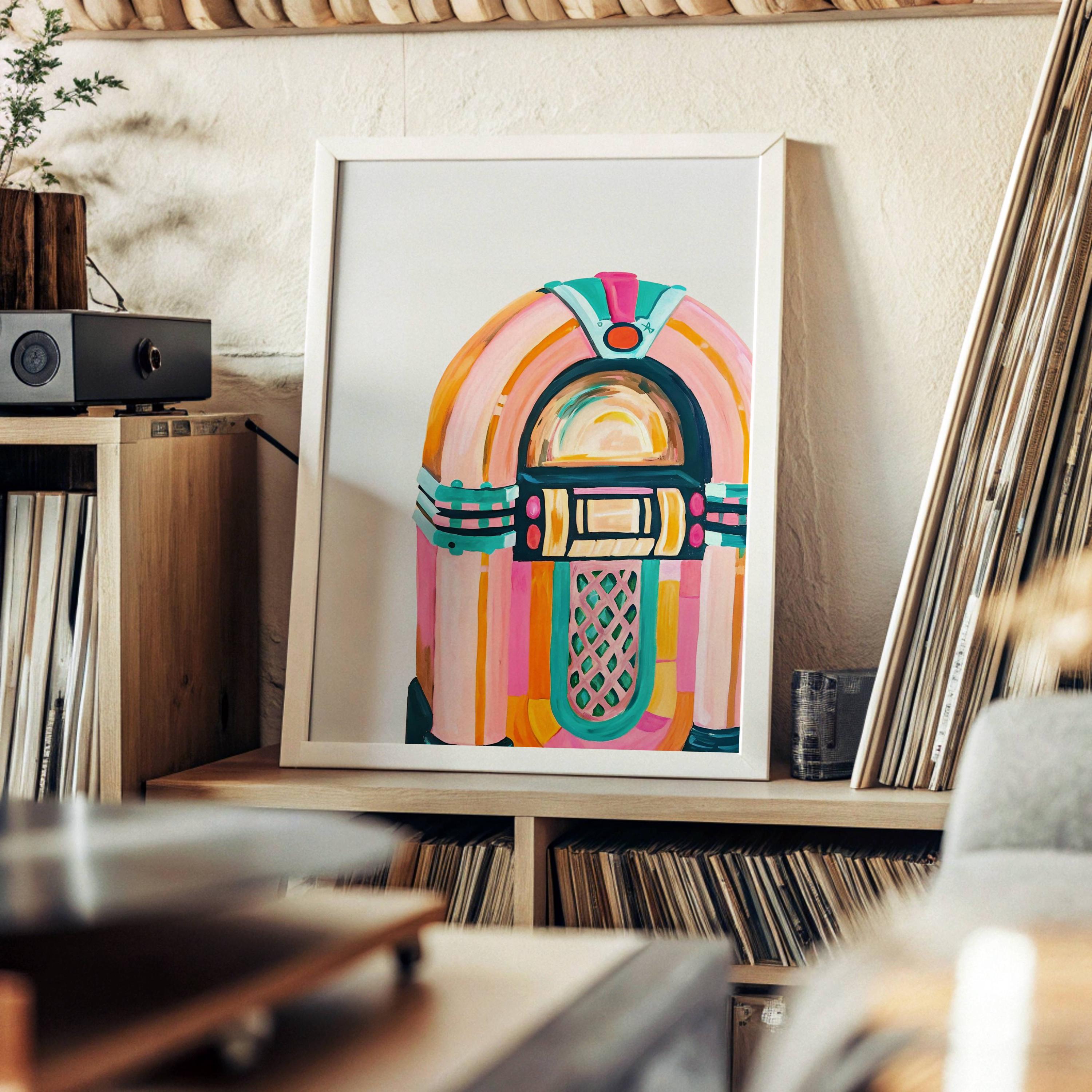 Retro Jukebox Wall Art Print, Vintage Music Poster, Colorful