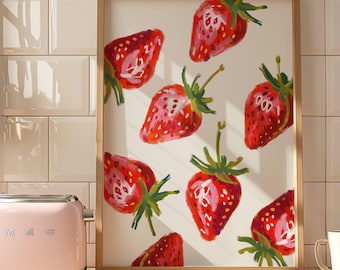 Strawberry Kitchen Wall Art Retro Fruit Print Printable Vintage Decor Eclectic Trendy Artwork for Dining Room or Farmhouse Kitchen Wall Art