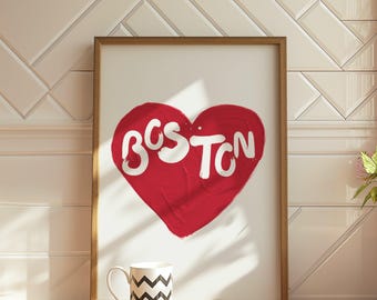 Boston Wall Art Print: Retro Home Decor,  Heart Watercolor Poster (Digital Download)
