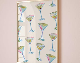 Martini Poster Muster Martini Wandkunst Aquarell Druck Martini Print Barwagen Martini Gläser Cocktail Poster Barwagen Drucke Küchenkunst