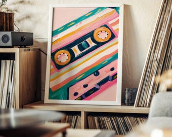 Impression d'art mural sur cassette rétro, affiche mixtape vintage, cadeau coloré pour mélomane, décoration de dortoir imprimable, art musical des années 80 et 90