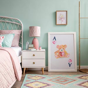 Watercolor Teddy Bear Ace of Hearts Print: Nursery Valentine Decor (Digital Download)
