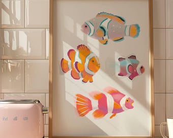 Cuadro decorativo de peces payaso coloridos, lámina de peces de arrecife tropical, póster de acuarela de arrecife de coral, decoración de baño playero, descarga digital costera.