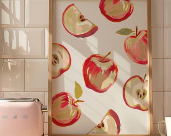 Lámina decorativa de cocina con diseño de manzanas en acuarela, impresión de frutas, decoración vintage para cocina, póster de comedor estilo rústico, descarga digital.