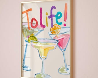 Poster "To Life Martini", stampa artistica da parete con stampa ad acquerello, stampa con carrello da bar, bicchieri da Martini, poster per cocktail, stampe per carrello da bar, stampa Cheers