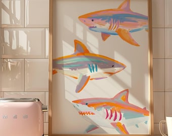 Pastel Shark Wall Art, Ocean Nursery Decor, Coastal Kids Room Print, Beach House Wall Decor, Colorful Sea Life Poster