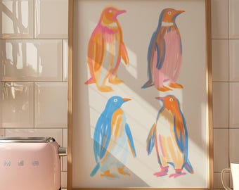 Pastel Penguin Wall Art, Coastal Nursery Decor, Cute Arctic Animal Print, Beach House Kids Room Wall Decor, Soft Ocean Poster