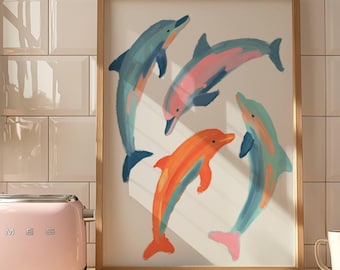 Pastel Dolphin Wall Art, Coastal Decor Print, Beach House Wall Art, Ocean Nursery Decor, Soft Sea Life Poster, Coastal Baby Room Print