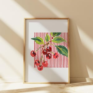 Red Cherry Watercolor Print - Fruit Art for Kitchen, Dining Room, Instant Download, Kitchen Decor, Digital Printable Wall Art
