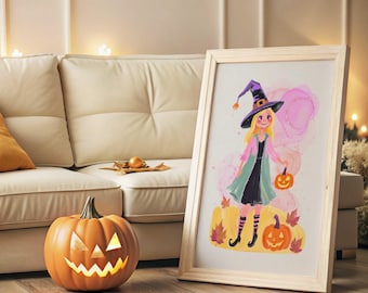 Cute Witch Halloween Wall Art Halloween Poster for Kids Nursery Halloween Wall Art Trick or Treat Witch Painting Print Halloween Witch Print
