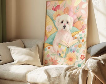 Puede incluir: Un perro blanco con una diadema floral se sienta en una cama de almohadas coloridas y lee un libro. El fondo es un patrón floral rosa y blanco.