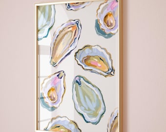 Lámina decorativa de conchas de ostras para imprimir, decoración para casas de playa costeras, lámina de ostras en acuarela pastel, arte de pared costero femenino.