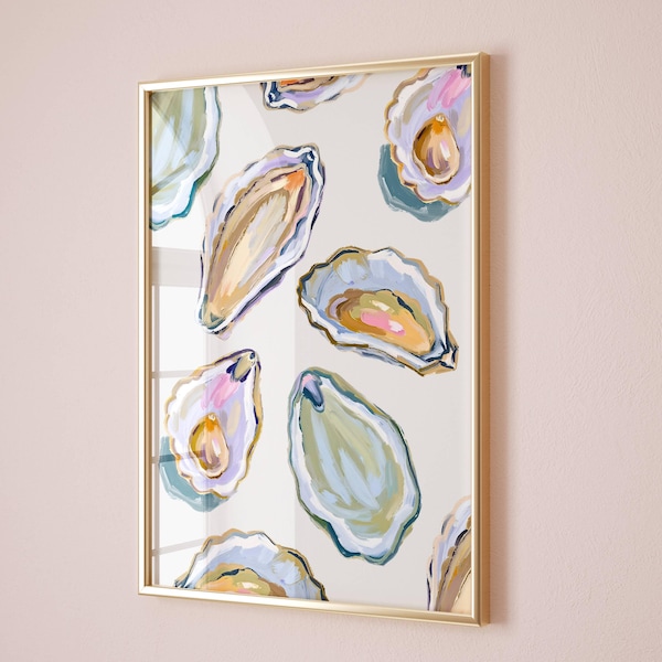 Oyster Shell Wall Art Printable, Coastal Beach House Decor, Pastel Watercolor Oyster Print, Feminine Coastal Wall Art