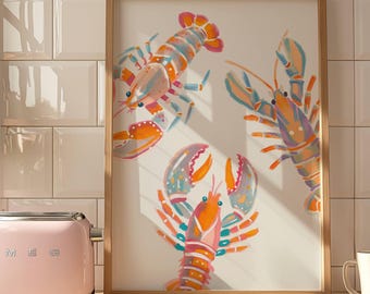 Lámina decorativa de langosta para pared, decoración de cabaña costera, obra de arte náutica para cocina, póster para casa de playa de Nueva Inglaterra, descarga digital de acuarela oceánica