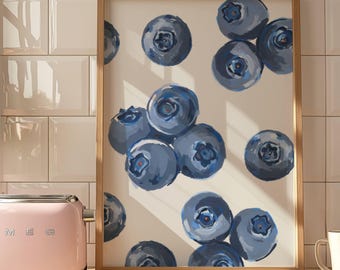 Lámina decorativa de cocina con diseño de arándanos en acuarela, impresión de frutas, decoración vintage para cocina, póster de comedor estilo cottagecore, descarga digital.