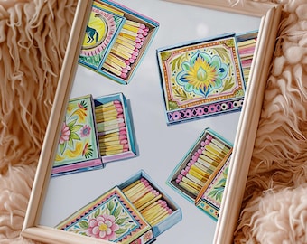 Vintage Matchbox Print Trendy Matches Poster Pastel Retro Matchbook Wall Art Bar Cart Aesthetic Print for Apartment Instant Digital Download
