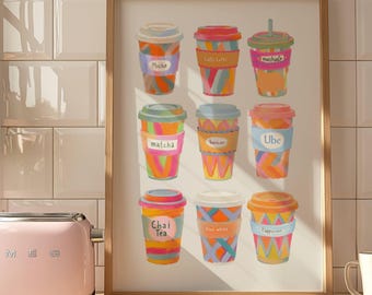 Colorful Coffee Cup Wall Art, Coffee Cart Print, Watercolor Coffee Art Coffee Bar Decor Kitchen Wall Art Coffee Station Decor Dopamine Decor