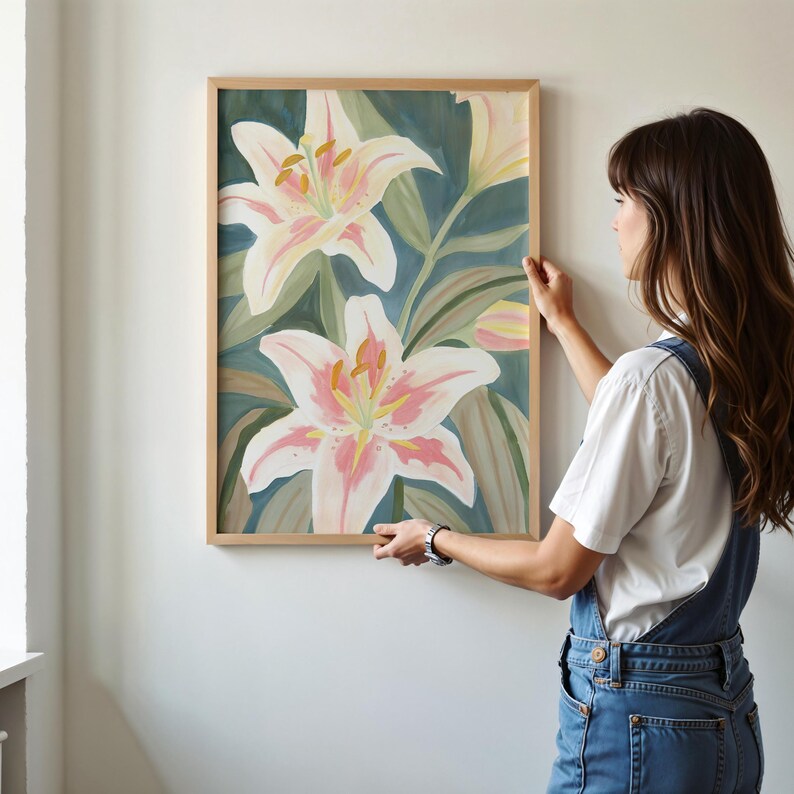 Lilies Wall Art Floral Still Life Painting Maximalist Indie Print Cottagecore Retro Eclectic Wall Art Floral Digital Print Dopamine Decor 01
