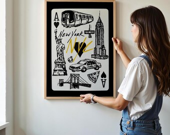 NYC Travel Poster: Hand-Drawn New York City Landmarks (Digital Download)