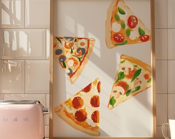Pizza Wall Art Print, Watercolor Pizza Poster, Italian Food Kitchen Decor, Pizza Lover Gift, Dining Room Wall Art Digital Download
