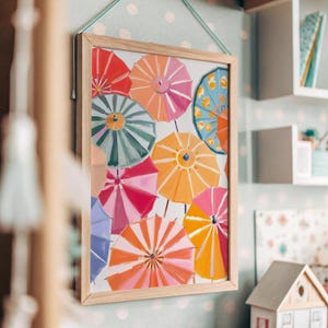 Umbrellas Painting Colorful Pastel Abstract Coastal Beach House Wall Art Print Summer Dining Room Kitchen Print Meet Me At The Beach Poster
