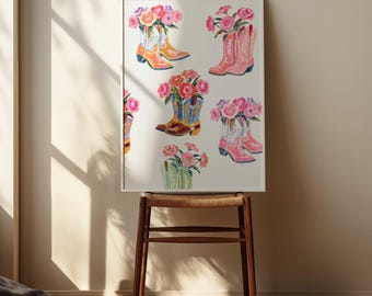 Cowgirl Boots Floral Art Print: Trendy Western Decor (Digital Download)