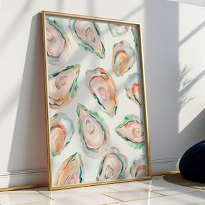 Dipinto di conchiglie di ostriche, colorato, pastello, astratto, stampa artistica da parete, casa sulla spiaggia, stampa estiva, cucina, sala da pranzo, incontro in spiaggia