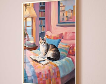 Cat Reading Book Watercolor Art Print: Pastel Bookworm Decor (Digital Download)