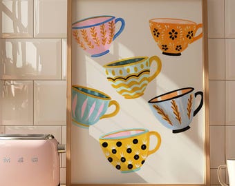 Tea Cup Wall Art Print, Colorful Kitchen Decor, Grandmillennial Wall Art, Whimsical Tea Lover Gift, Printable Cottagecore Art