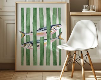 Sardine Print Sage Wall Art Watercolor Print Kitchen Wall Art Fish Print Retro Kitchen Decor Sage Striped Print Seafood Wall Art Preppy