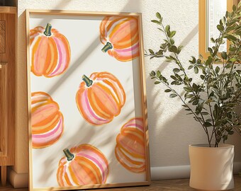 Pink Orange Pumpkin Wall Art Printable, Colorful Fall Decor, Pink Autumn Art, Whimsical Pumpkin Print, Dopamine Decor, Digital Download