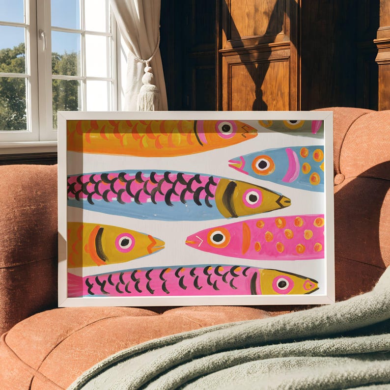 Colorful pastel sardine wall art featuring watercolor fish on an off-white background, printable coastal kitchen decor for Mediterranean homes, beach house kitchens, dining room wall art, nautical decor, Hamptons style interiors, seafood lover gift, colorful fish illustration, instant digital download printable artwork.