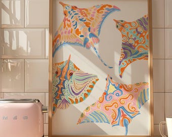 Colorful Stingray Wall Art, Watercolor Ocean Animal Print, Coastal Decor