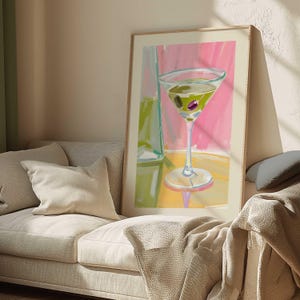 Póster de martini con aceitunas, arte mural de martini, impresión con núcleo de aceituna, impresión de martini, carrito de bar, copas de martini, póster de cócteles, impresiones de carrito de bar, decoración de dopamina