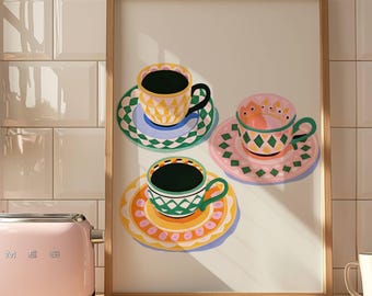 Tea Cup and Saucer Wall Art Print, Grandmillennial Kitchen Decor, Colorful Tea Lover Gift, Cottagecore Printable Wall Art