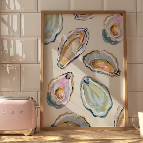 Oyster Shell Painting Colorful Pastel Abstract Coastal Beach House Wall Art Print Summer Dining Room Kitchen Print Meet Me At The Beach