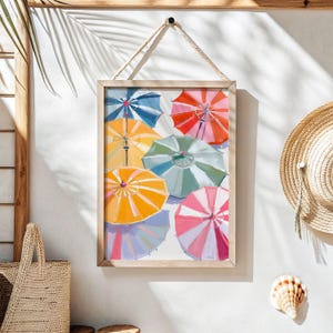 Umbrellas Painting Colorful Pastel Abstract Coastal Beach House Wall Art Print Summer Dining Room Kitchen Print Meet Me At The Beach Poster