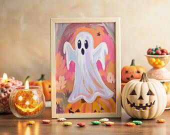 Halloween Poster for Kids Cute Ghost Halloween Wall Art Nursery Halloween Wall Art Trick or Treat Ghost Painting Print Halloween Ghost Print