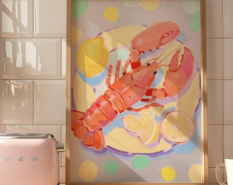 Lobster Lemon Wall Art, Coastal Kitchen Decor, Seafood Printable, Colorful Watercolor Art