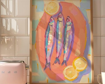 Sardine Lemon Wall Art, Mediterranean Kitchen Decor, Coastal Seafood Printable, Colorful Watercolor Art