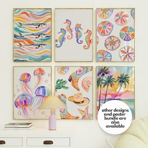 Colorful pastel sardine wall art featuring watercolor fish on an off-white background, printable coastal kitchen decor for Mediterranean homes, beach house kitchens, dining room wall art, nautical decor, Hamptons style interiors, seafood lover gift, colorful fish illustration, instant digital download printable artwork.