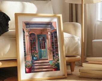 Pink Library Watercolor Print: Book Lover Wall Art (Digital Download)
